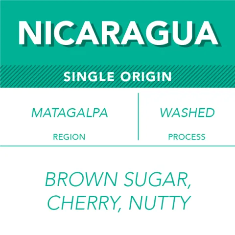 Nicaragua coffee label - Matagalpa region, washed process, brown sugar cherry tasting notes